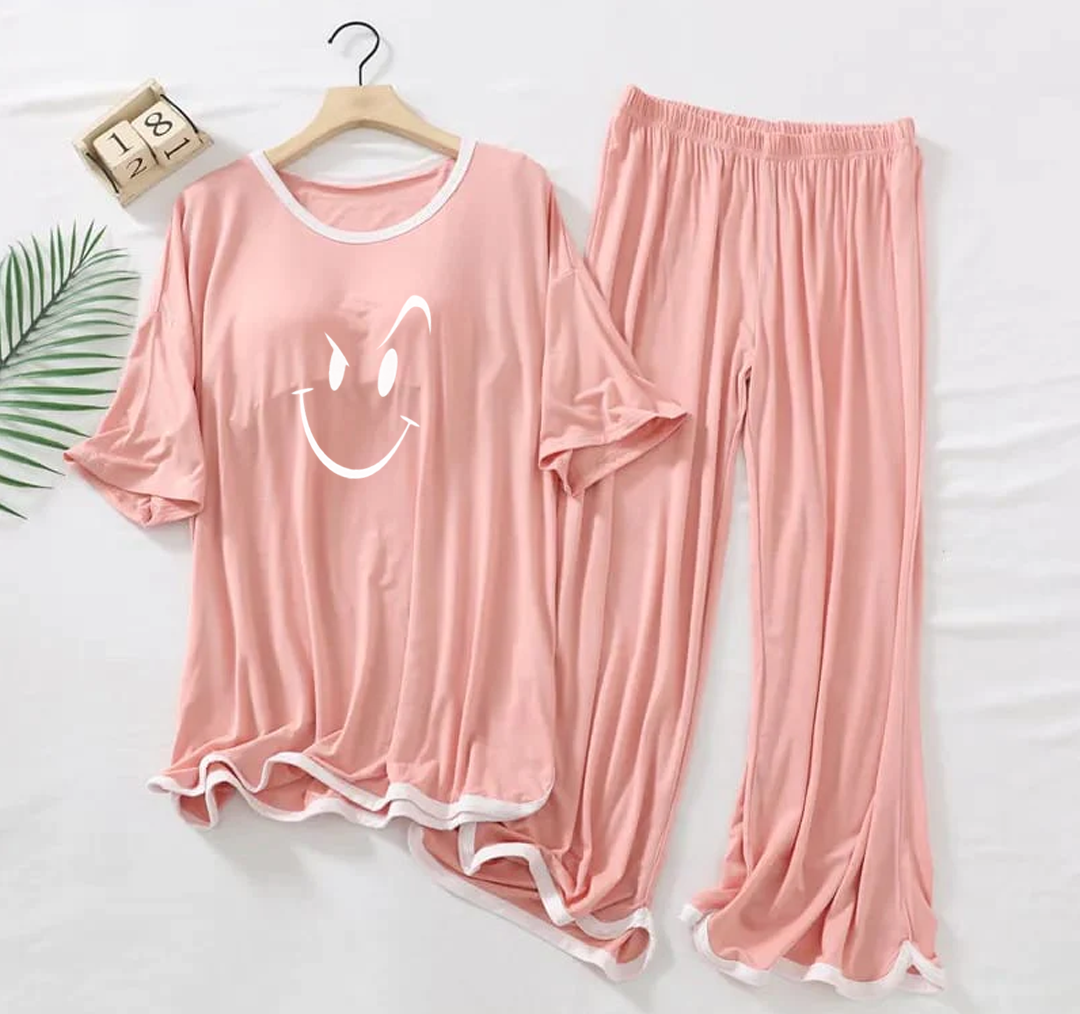 Rose Pink Smiley Face Half Sleeves Plazzo PJ Set