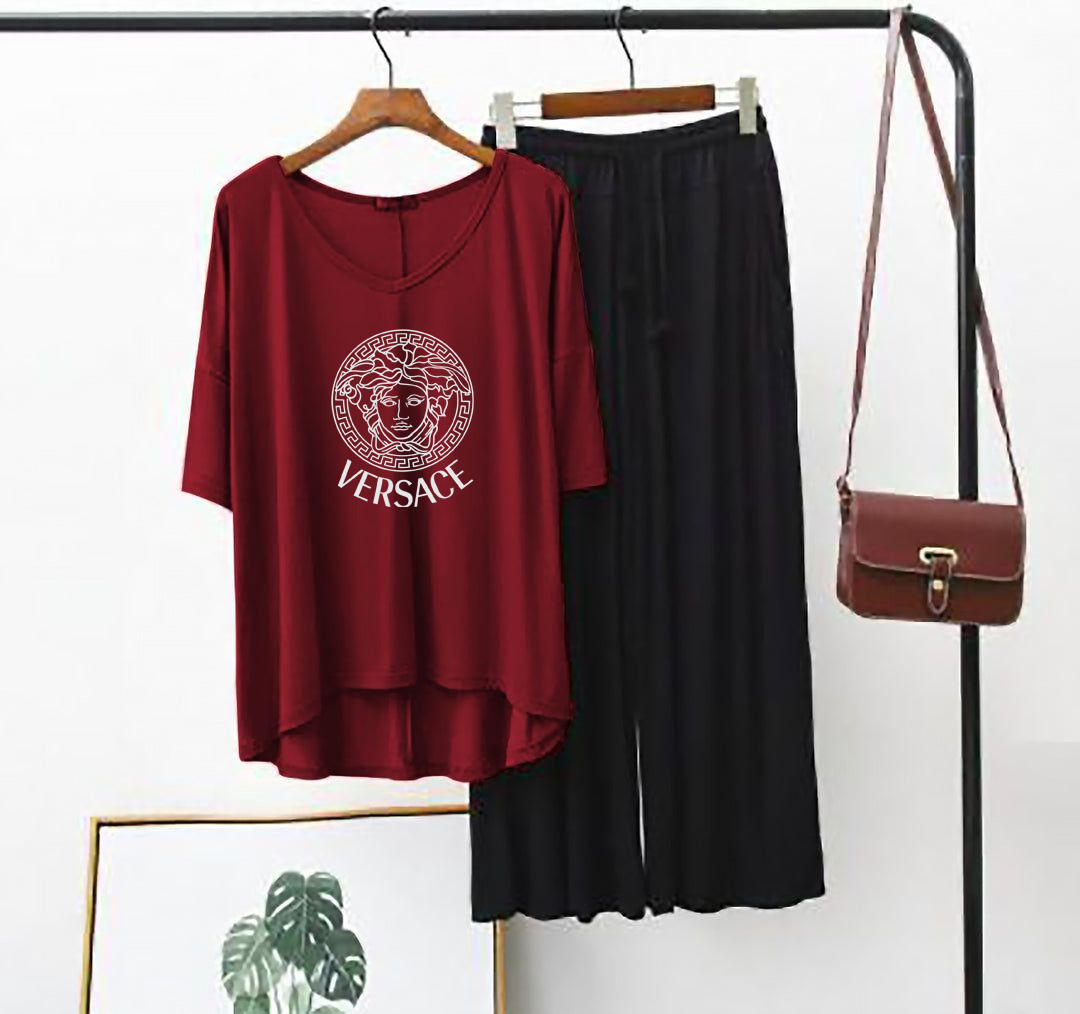 Plain Red Versace V Neck T Shirt with Black Plazzo