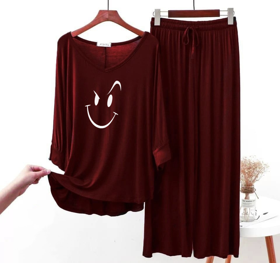 Maroon Smiley Face V-Neck Women Night Suit Palazzo PJ Set